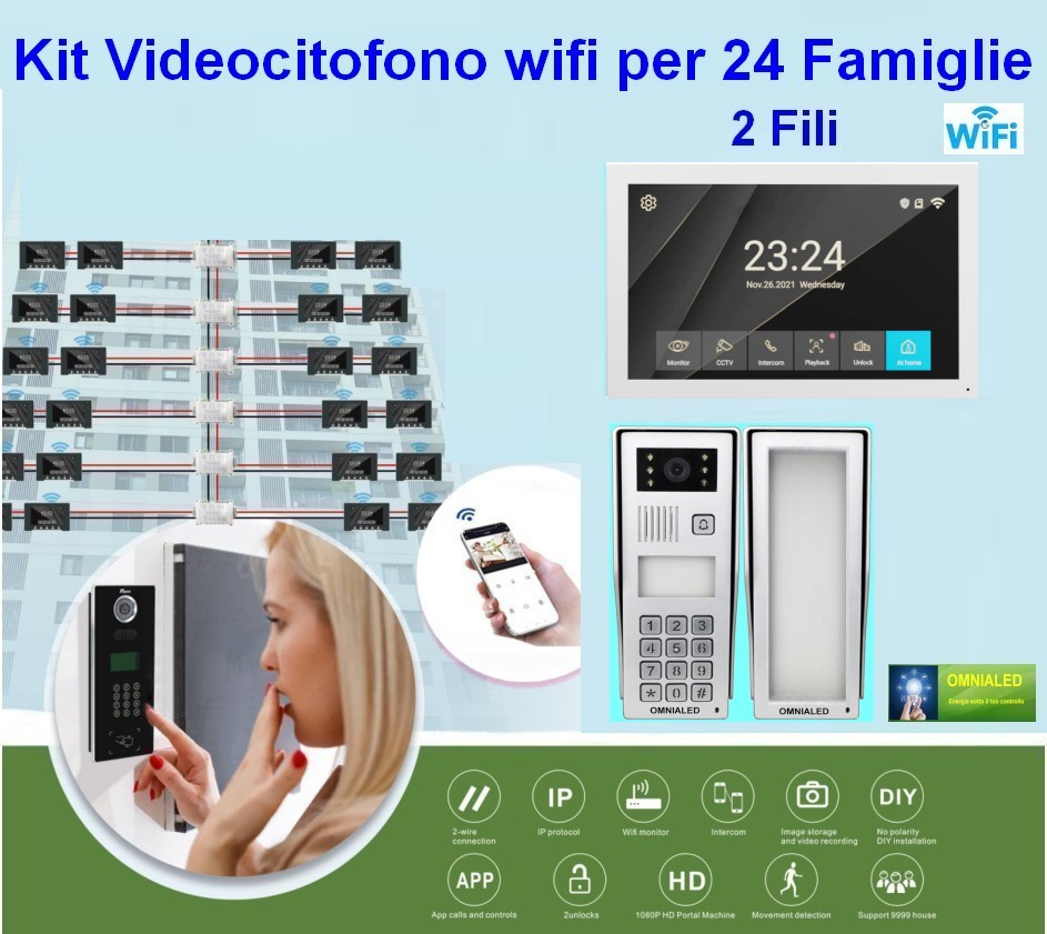 Kit Videocitofono Wifi per 24 Appartamenti 2 fili